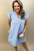 Textured Puff Sleeve Ruffled V Neck Shift Mini Dress